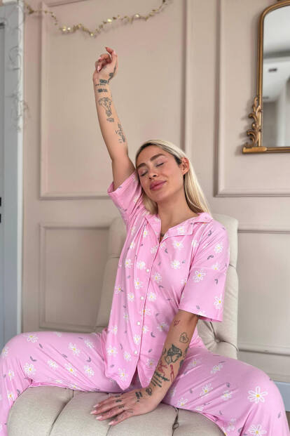 Açık Pembe Soft Daisy Desenli Bambu Önden Düğmeli Kısa Kol Pijama Takımı - 3