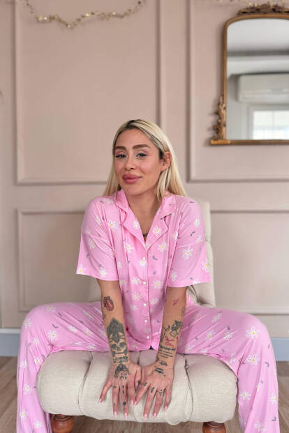 Açık Pembe Soft Daisy Desenli Bambu Önden Düğmeli Kısa Kol Pijama Takımı - 4