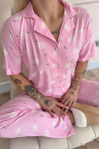 Açık Pembe Soft Daisy Desenli Bambu Önden Düğmeli Kısa Kol Pijama Takımı - 6