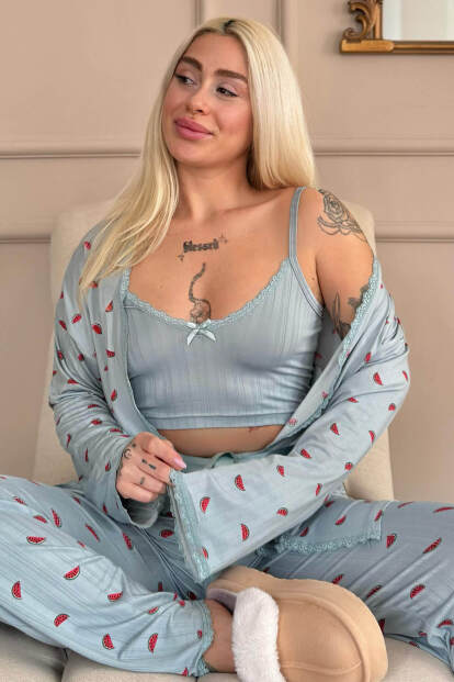 Aqua Melon Bliss Desenli Sabahlıklı Marlenka Pijama Takımı - 1