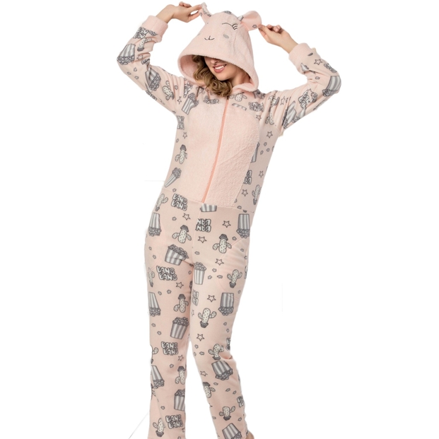 Bang Bang Desenli Kadın Polar Peluş Tulum Pijama Takımı - 1