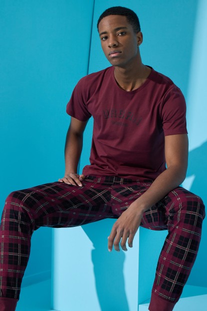 Bordo Urban Baskılı Kısa Kollu Erkek Pijama Takımı - 1