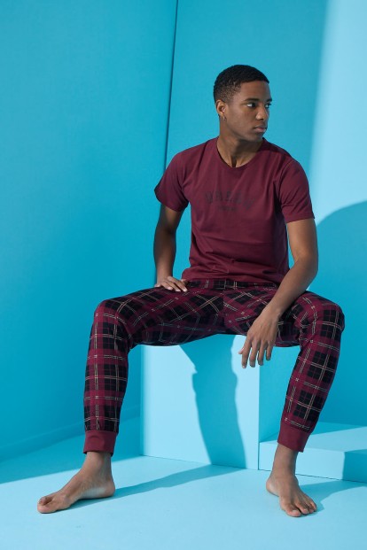 Bordo Urban Baskılı Kısa Kollu Erkek Pijama Takımı - 2