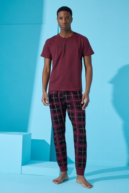 Bordo Urban Baskılı Kısa Kollu Erkek Pijama Takımı - 3