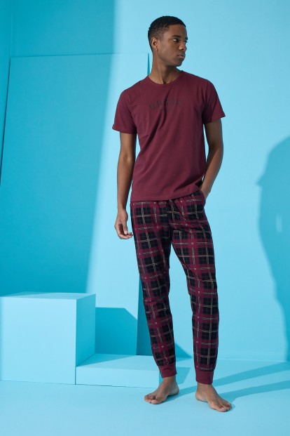 Bordo Urban Baskılı Kısa Kollu Erkek Pijama Takımı - 4