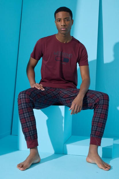 Bordo Weekend Baskılı Kısa Kollu Erkek Pijama Takımı - 2