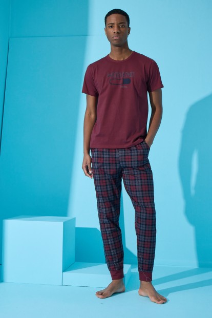 Bordo Weekend Baskılı Kısa Kollu Erkek Pijama Takımı - 3