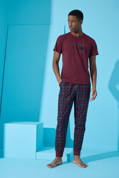 Bordo Weekend Baskılı Kısa Kollu Erkek Pijama Takımı - 4