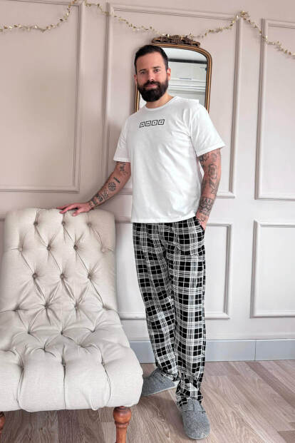 Ekru Black Baskılı Kısa Kol Erkek Pijama Takımı - 6