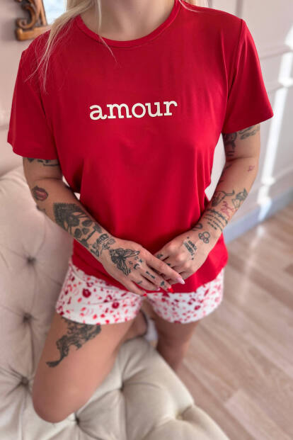 Kırmızı Amour Desenli Kısa Kollu Şortlu Örme Kadın Pijama Takımı - 5