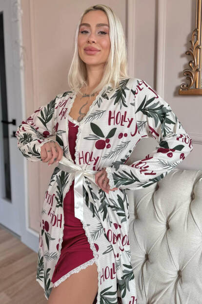 Kırmızı Holly Berry Exclusive Örme Sabahlıklı Gecelik Kadın Pijama Takımı 