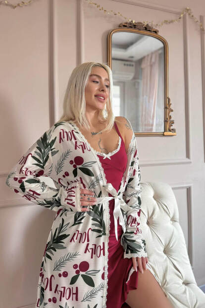 Kırmızı Holly Berry Exclusive Örme Sabahlıklı Gecelik Kadın Pijama Takımı - 2