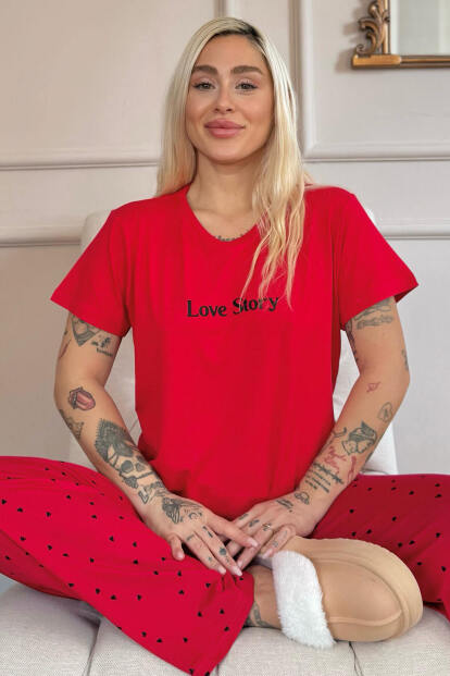 Kırmızı Love Desenli Bambu Kısa Kol Kadın Pijama Takımı 