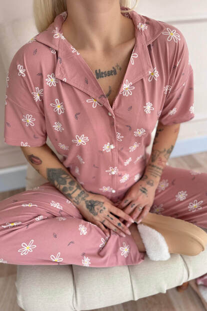 Koyu Pembe Soft Daisy Desenli Bambu Önden Düğmeli Kısa Kol Pijama Takımı - 5