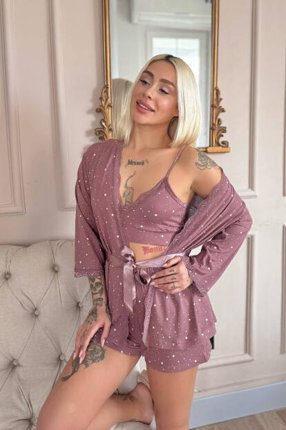 Koyu Pembe Stars Desenli Bambu Crop Sabahlıklı Şortlu Kadın Pijama Takımı - 2