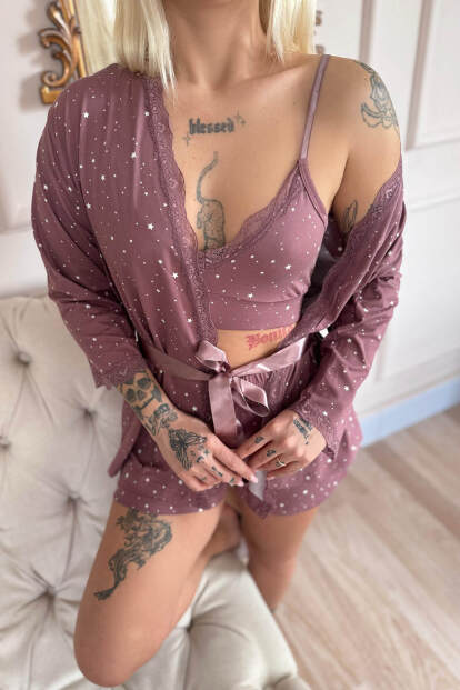 Koyu Pembe Stars Desenli Bambu Crop Sabahlıklı Şortlu Kadın Pijama Takımı - 5