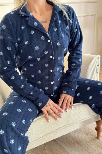 Lacivert Flocon Desenli Önden Düğmeli Peluş Polar Pijama Takımı - 5