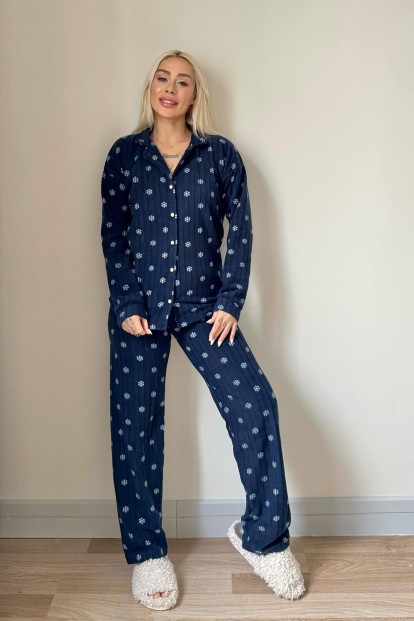 Lacivert Flocon Desenli Önden Düğmeli Peluş Polar Pijama Takımı - 6