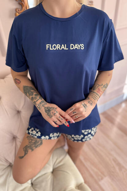 Lacivert Floral Days Desenli Kısa Kollu Şortlu Örme Kadın Pijama Takımı - 5