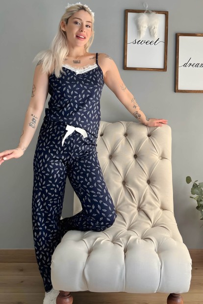 Lacivert Yaprak Dantelli İp Askılı Örme Kadın Pijama Takımı - 5