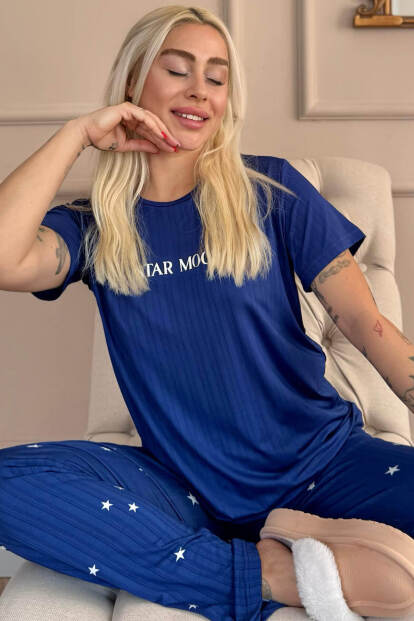 Mavi Star Mood Desenli Kısa Kollu Marlenka Kadın Pijama Takımı - 1