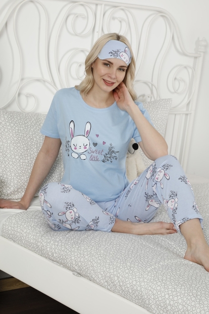 Mavi Sweet Little Desenli Kısa Kollu Kadın Pijama Takımı - 1