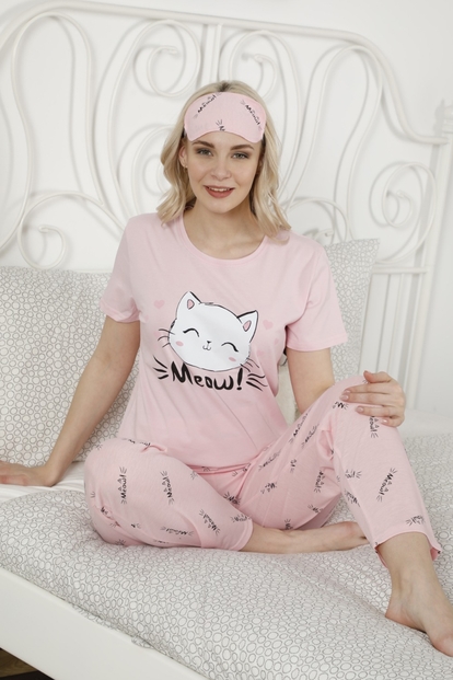 Meow Desenli Kısa Kollu Kadın Pijama Takımı - 1