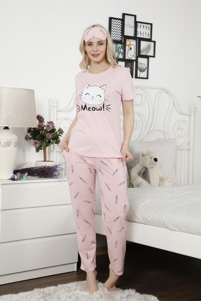 Meow Desenli Kısa Kollu Kadın Pijama Takımı - 2