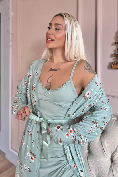 Mint Charm Exclusive Örme Sabahlıklı Gecelik Kadın Pijama Takımı 