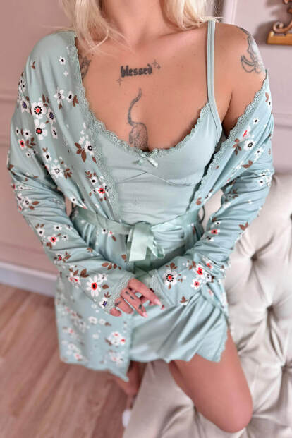 Mint Charm Exclusive Örme Sabahlıklı Gecelik Kadın Pijama Takımı - 5