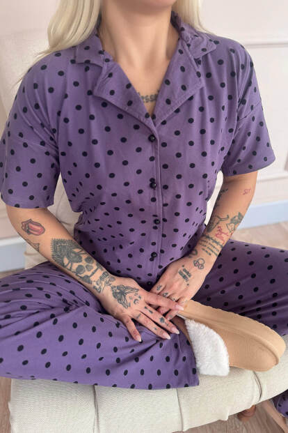 Mor Chic Polka Desenli Bambu Önden Düğmeli Kısa Kol Pijama Takımı - 5