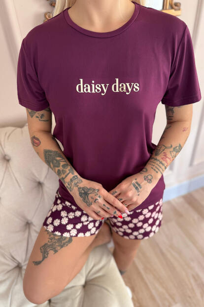 Mor Daisy Days Desenli Kısa Kollu Şortlu Örme Kadın Pijama Takımı - 5