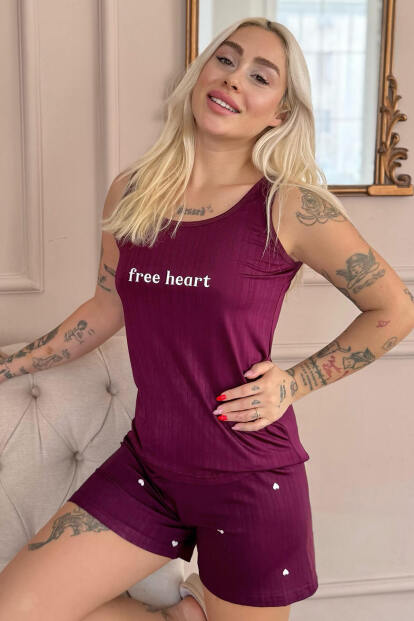 Mürdüm Free Heart Desenli Şortlu Marlenka Kadın Pijama Takımı - 1