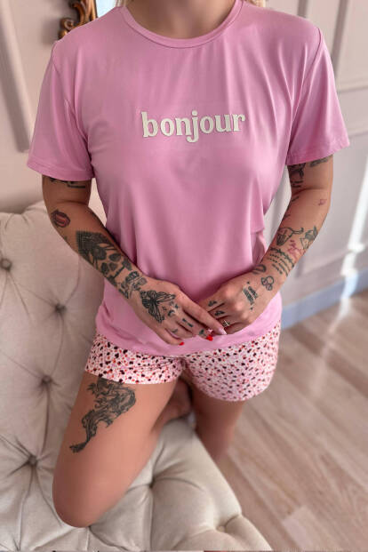 Pembe Bonjour Desenli Kısa Kollu Şortlu Örme Kadın Pijama Takımı - 5