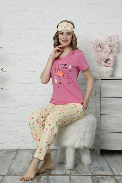 Pembe Flamingo Desenli Kısa Kollu Kadın Pijama Takımı - 1