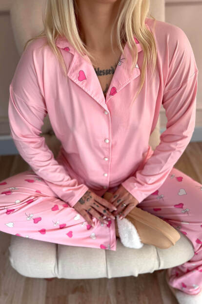 Pembe Kalp Desenli Bambu Önden Düğmeli Uzun Kol Kadın Pijama Takımı - 5