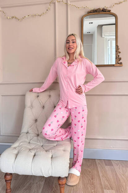 Pembe Kalp Desenli Bambu Önden Düğmeli Uzun Kol Kadın Pijama Takımı - 6