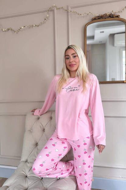 Pembe Love Desenli Bambu Uzun Kol Kadın Pijama Takımı - 5