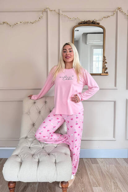 Pembe Love Desenli Bambu Uzun Kol Kadın Pijama Takımı - 6