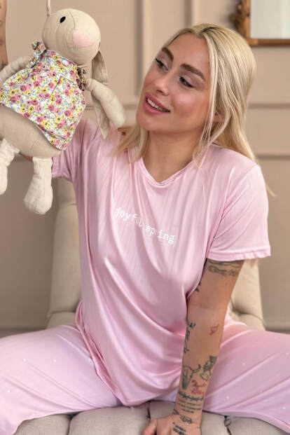 Pembe Spring Desenli Kısa Kollu Marlenka Kadın Pijama Takımı - 1