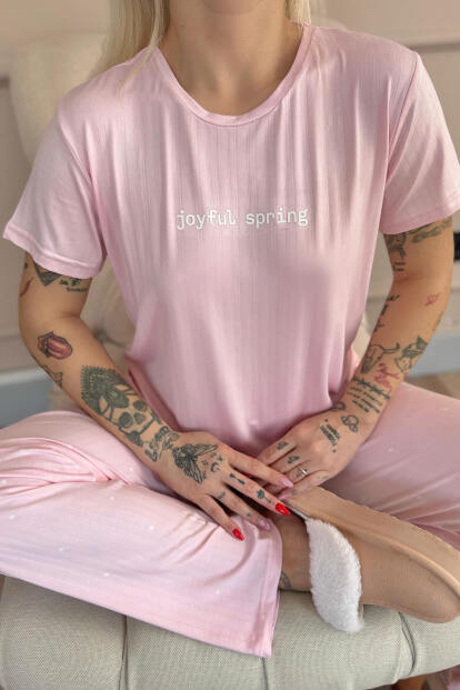 Pembe Spring Desenli Kısa Kollu Marlenka Kadın Pijama Takımı - 5