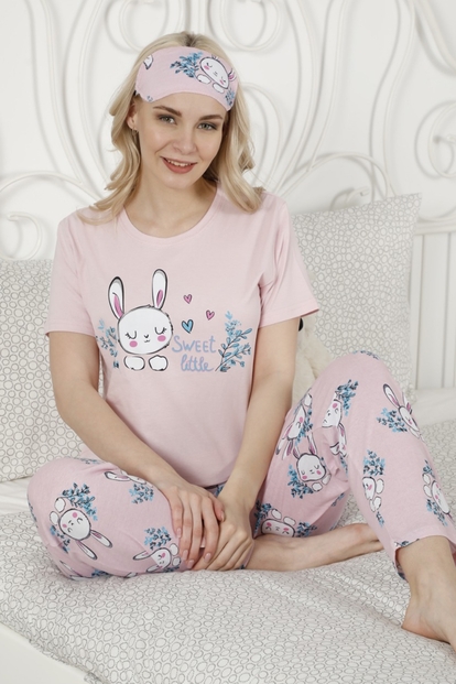 Pembe Sweet Little Desenli Kısa Kollu Kadın Pijama Takımı - 1