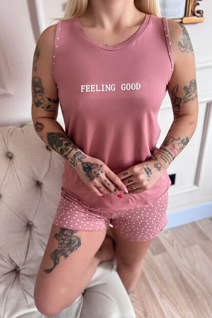 Pudra Feeling Good Desenli Bambu Sıfır Kol Şortlu Kadın Pijama Takımı - 5