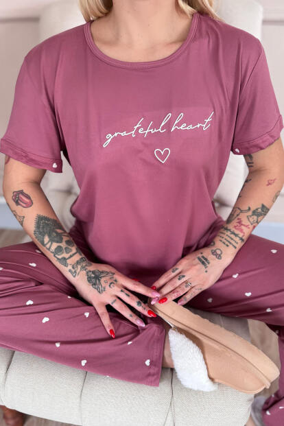 Pudra Grateful Heart Desenli Bambu Kısa Kol Kadın Pijama Takımı - 6