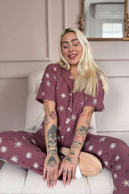 Pudra Soft Daisy Desenli Bambu Önden Düğmeli Kısa Kol Pijama Takımı - 2