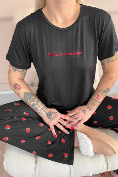 Siyah Dreams Desenli Kısa Kollu Marlenka Kadın Pijama Takımı - 5