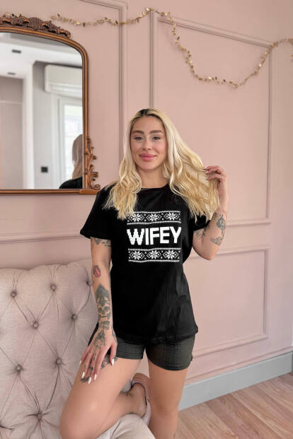 Siyah Wifey Şortlu Sevgili Aile Pijaması - Kadın Takımı - 4