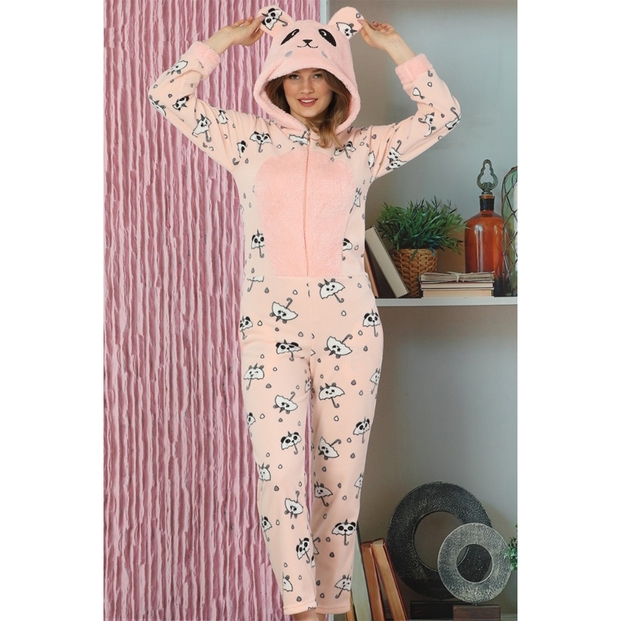 Somon Panda Desenli Kadın Polar Peluş Tulum Pijama Takımı - 1