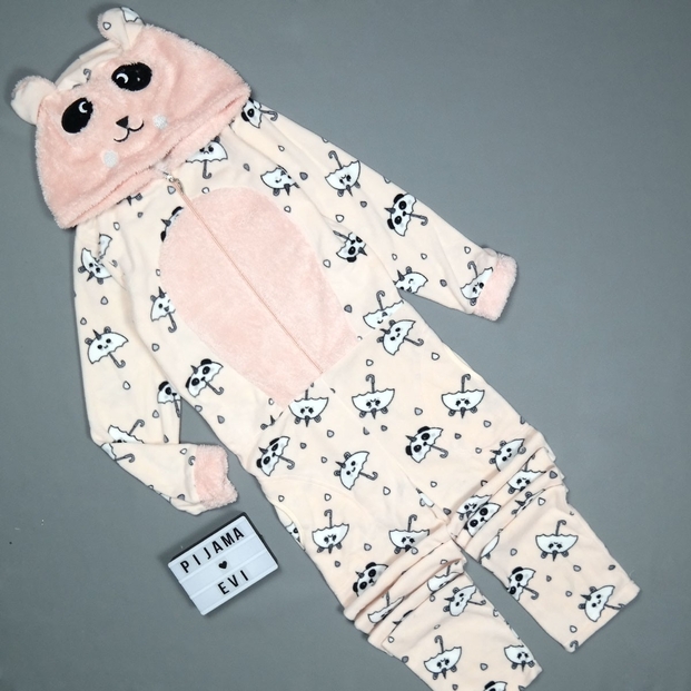 Somon Panda Desenli Kadın Polar Peluş Tulum Pijama Takımı - 3