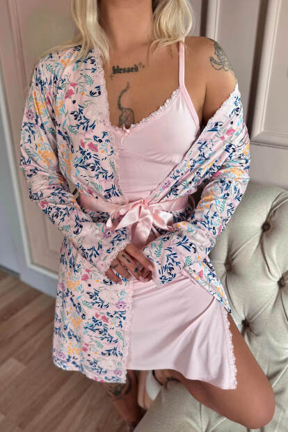 Toz Pembe Whisper Exclusive Örme Sabahlıklı Gecelik Kadın Pijama Takımı - 4